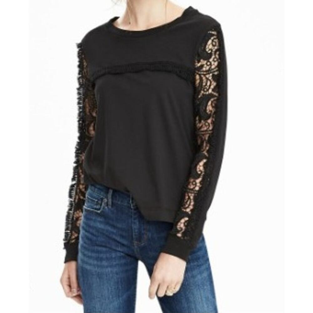 Banana Republic Black Fringe Lace Sleeve Top Size L Western Coastal Cowgirl